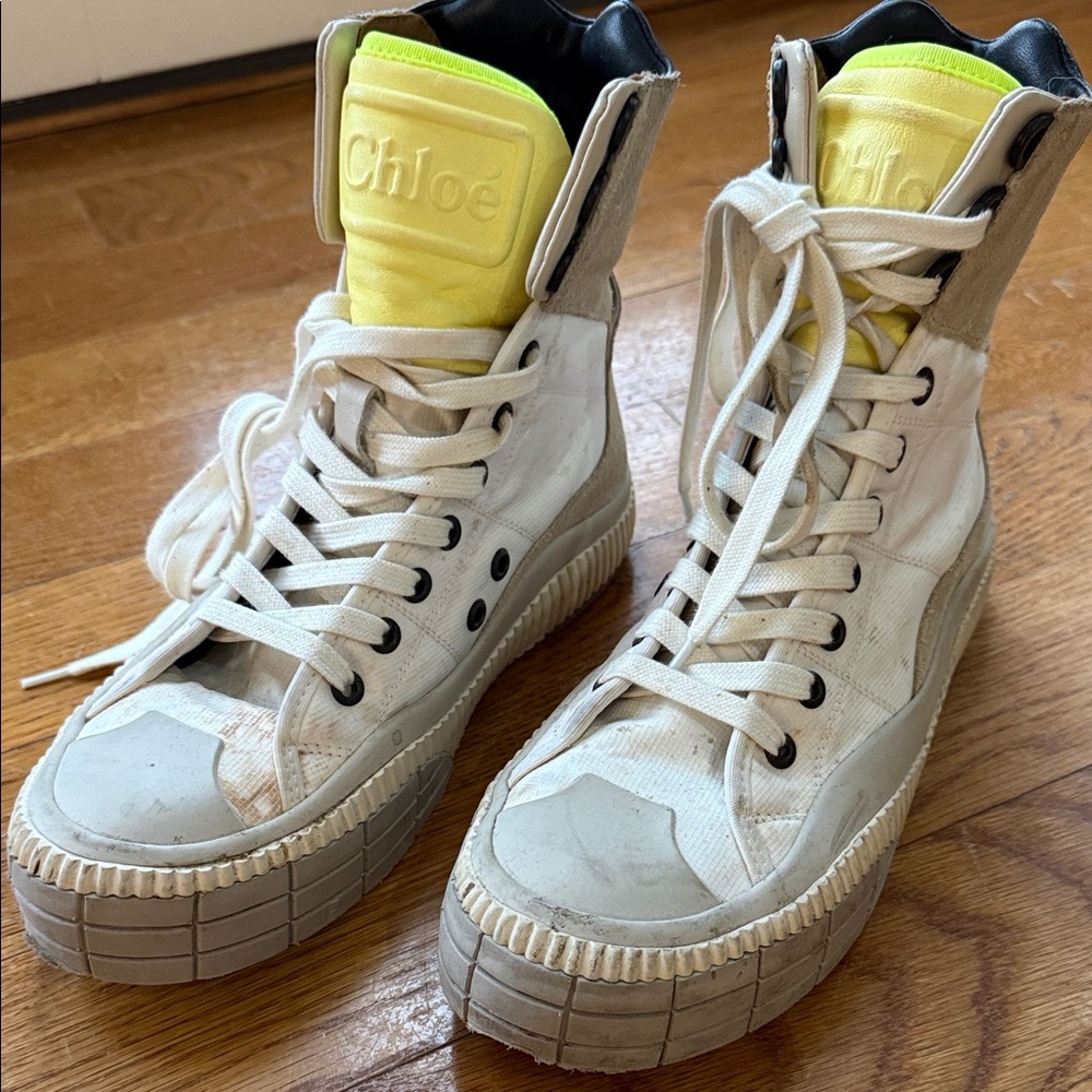 Chloé Cream High-Top Sneakers with Neon Yellow Tongue